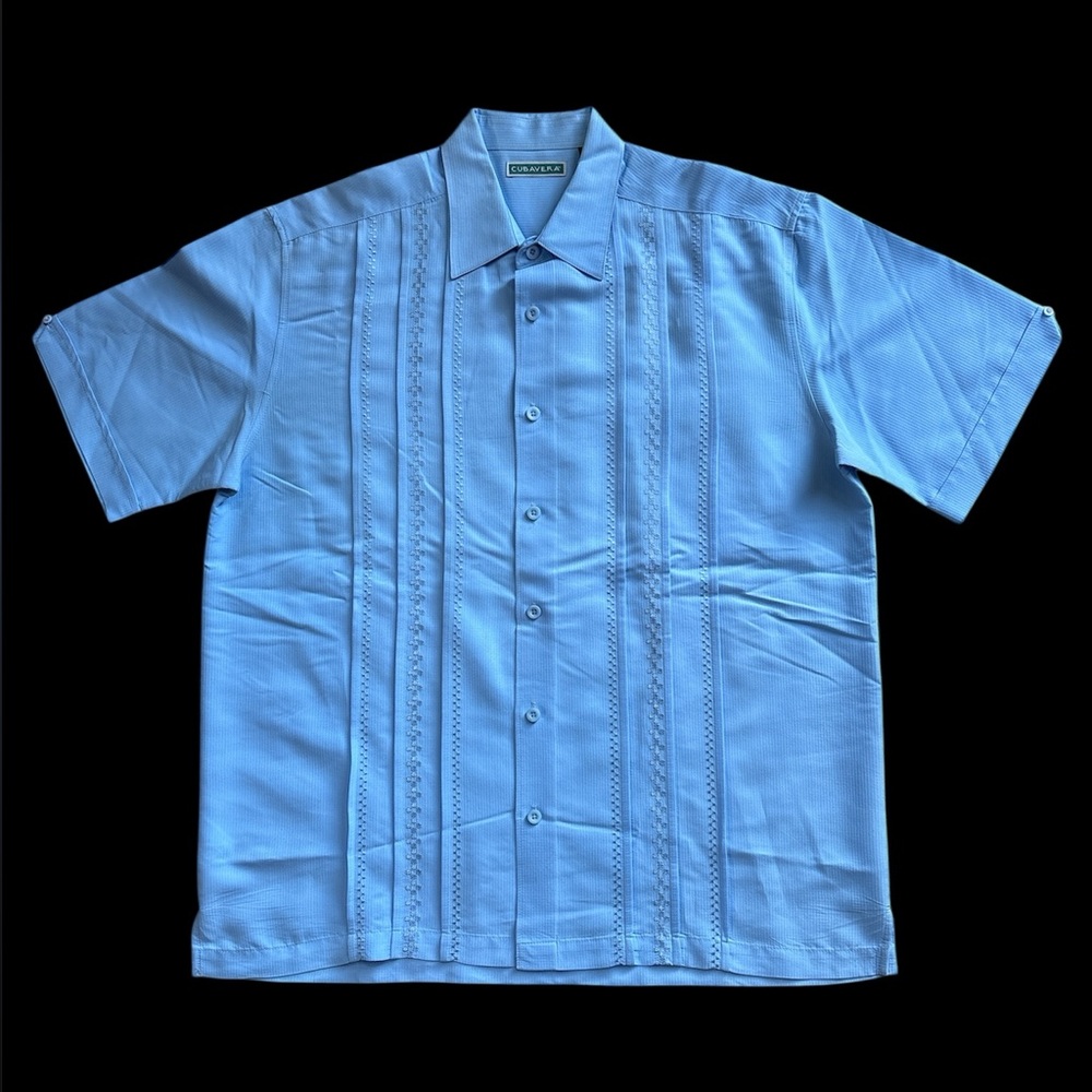 Cubavera‎ Mens Short Sleeve Large Lt Blue Embroidered Pleated Camp Shirt Button